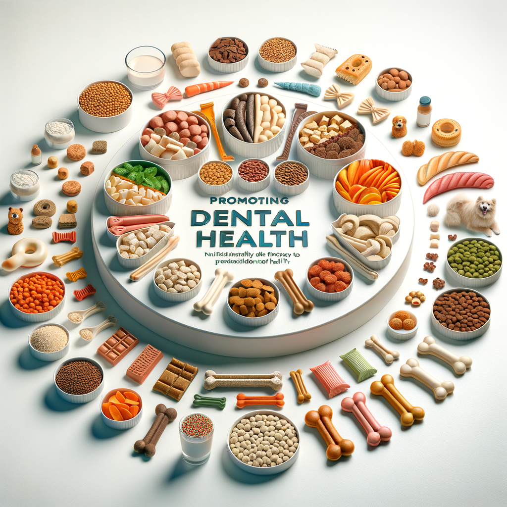 Assortment of dental health promoting foods including dental chews, healthy dental treats, and kibble for dental health, emphasizing the importance of a dental health diet and nutrition
