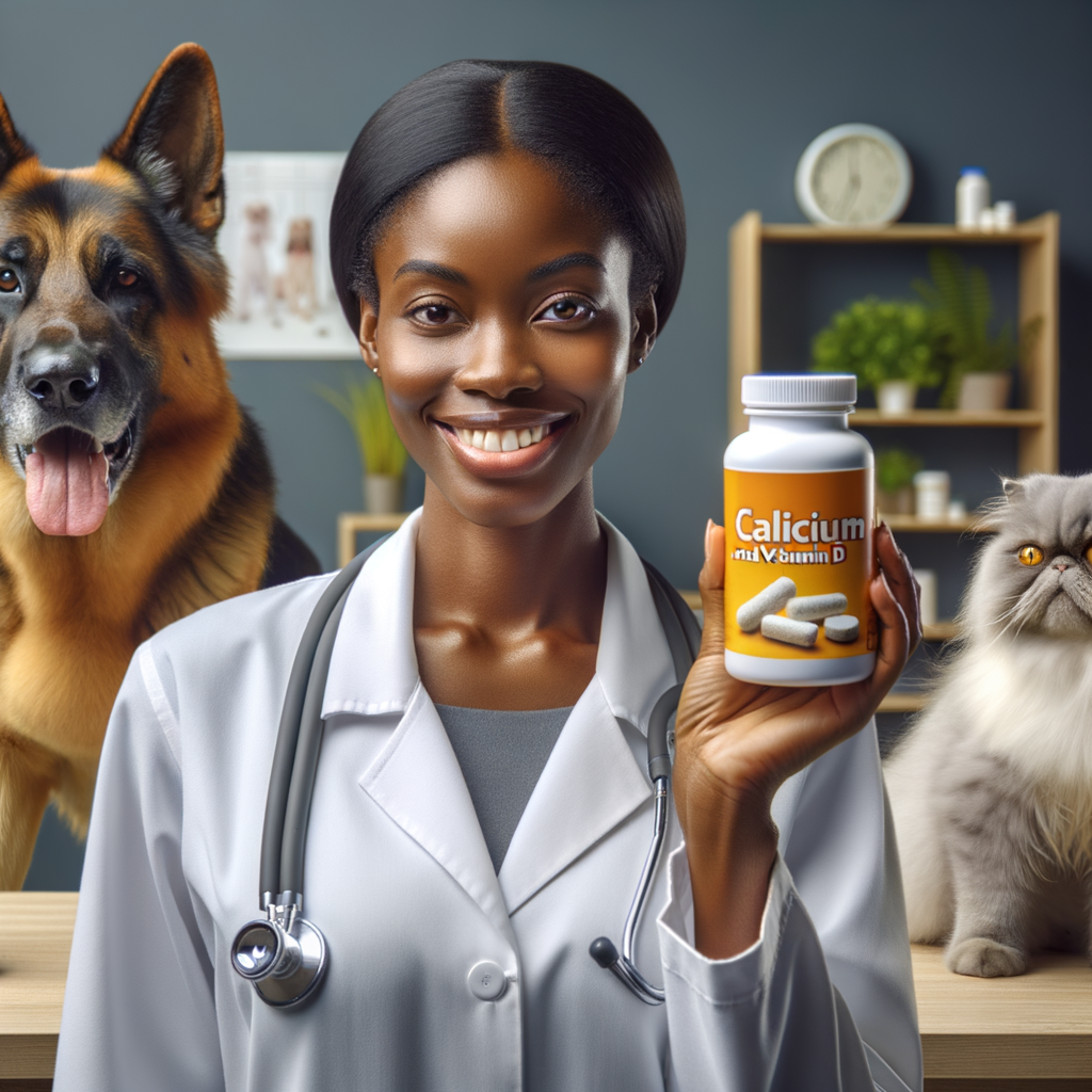 Veterinarian emphasizing the importance of calcium and vitamin D supplements for pet bone health, showcasing essential vitamins for dogs and cats' nutrition