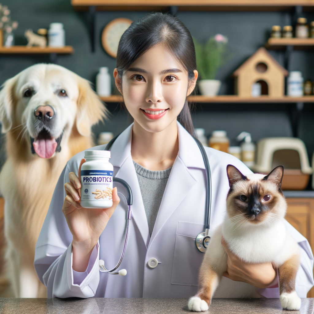 Veterinarian showcasing probiotics for pets, a natural remedy for improving pet digestion, with a healthy dog and cat illustrating the benefits of probiotics for dogs and cats' digestive health.