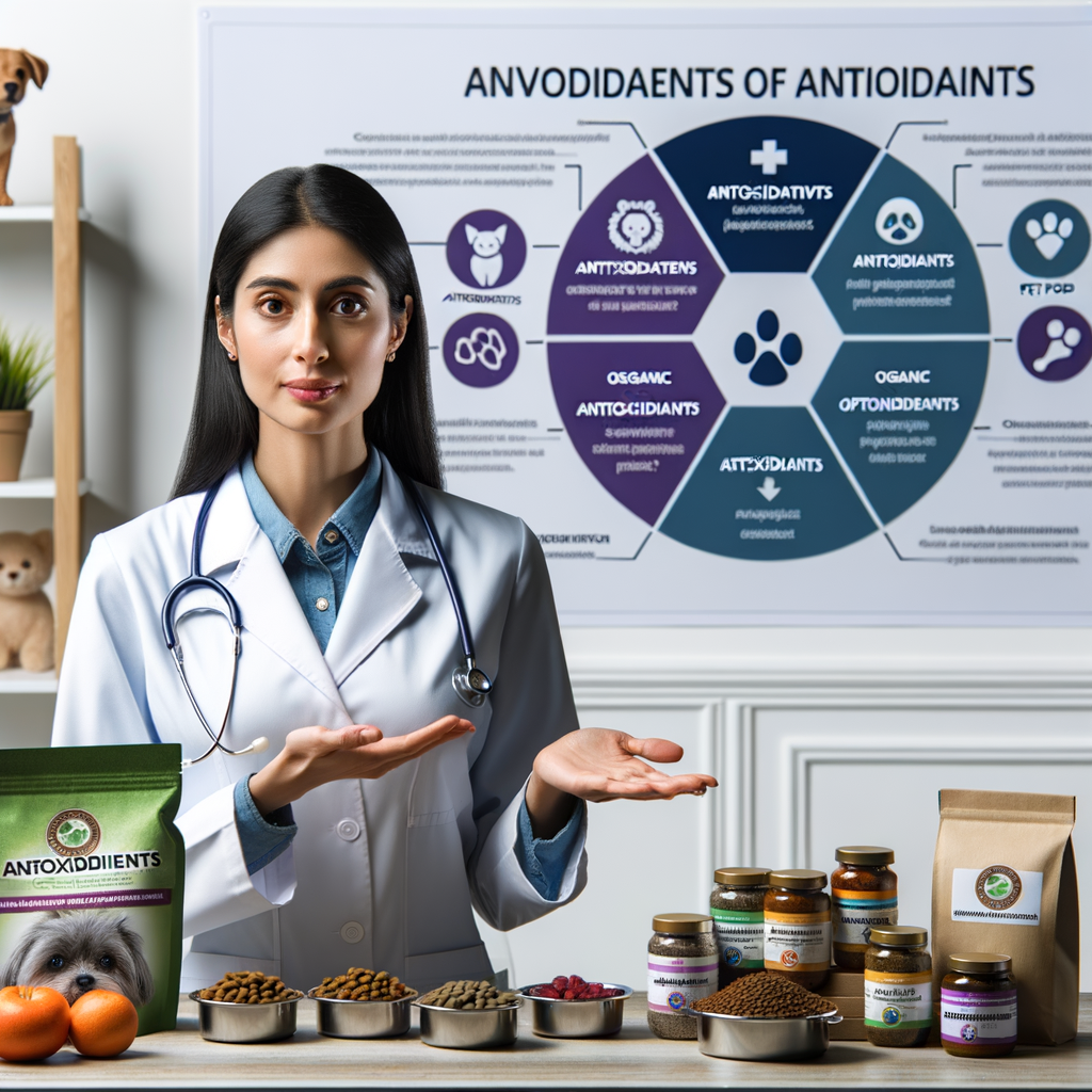 Vet discussing the importance of antioxidants in pet diet with antioxidant-rich pet food and natural supplements on table, chart illustrating benefits of antioxidants for pet health in the background.