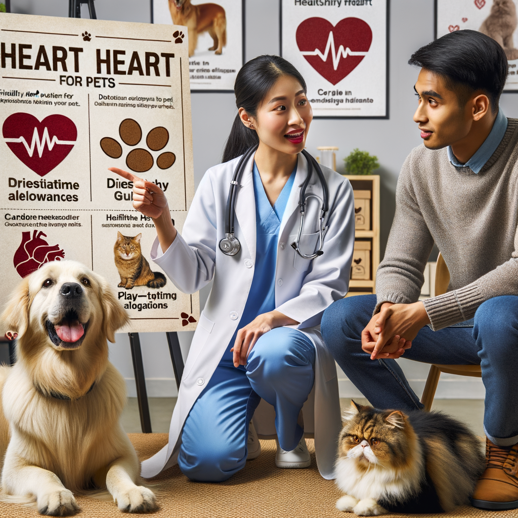 Veterinarian demonstrating heart disease prevention techniques for pets, providing healthy heart tips for dogs and cats, promoting pet heart health and cardiovascular wellness.