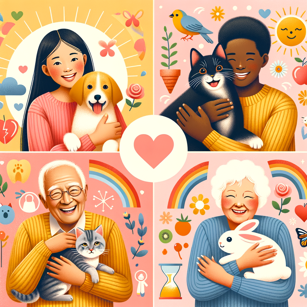 Diverse group of joyful individuals embracing their adopted pets, showcasing the enriching impact and health benefits of pet adoption on our lives, and honoring the happiness and emotional well-being brought by adopted animals.