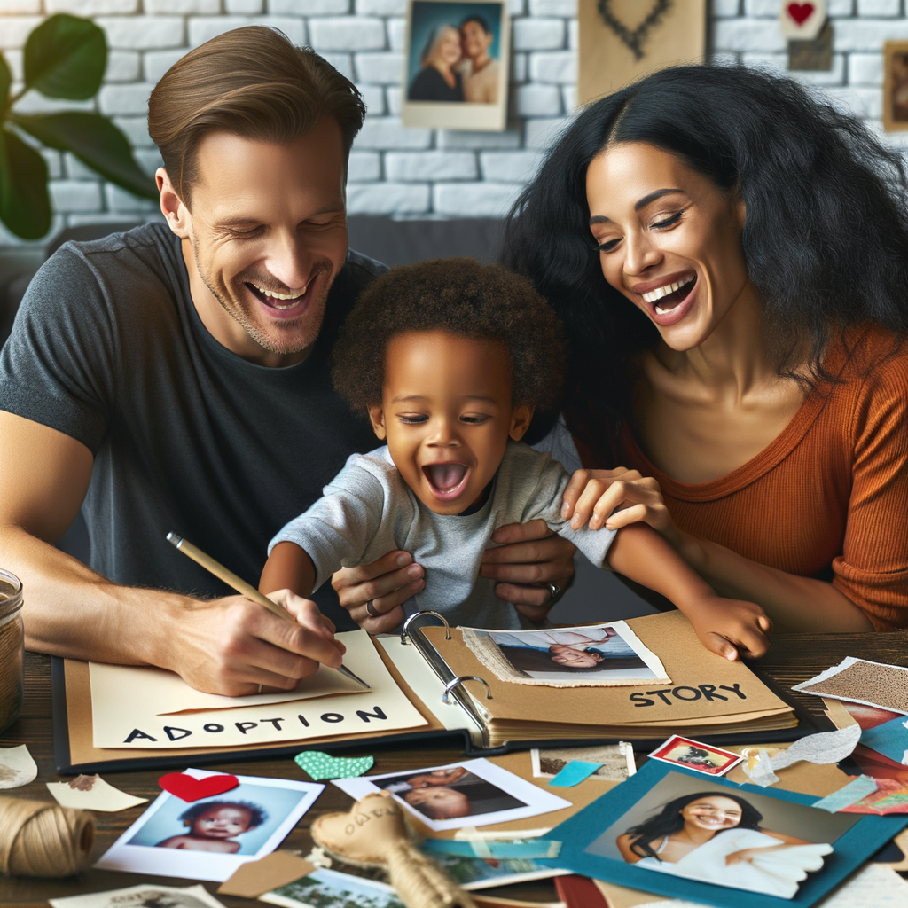 Diverse family joyfully creating an adoption memory book, documenting their personal adoption journey, showcasing keepsakes and elements of adoption experience documentation