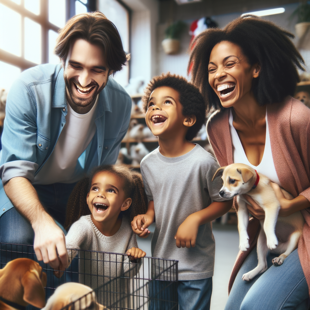 Joyful family of four bonding through pet adoption process, experiencing the benefits and positive impact of choosing a family pet from an adoption center.