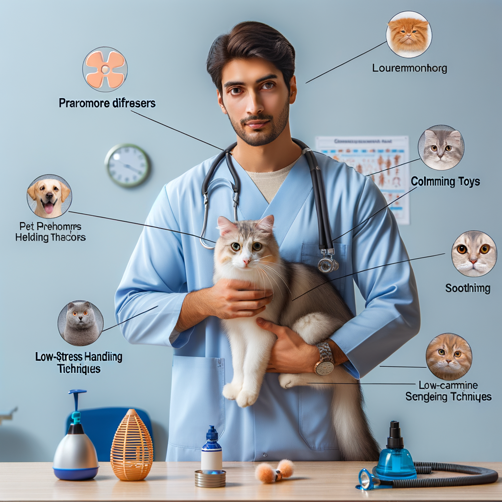 Veterinarian identifying pet fear symptoms in a dog and cat, using various tools and methods for addressing pet anxiety, understanding pet behavior, and managing pet fear in a clinic setting for comprehensive pet fear treatment.