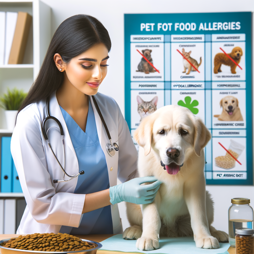 Veterinarian explaining pet food allergies, pointing at hypoallergenic pet food as a solution on a chart highlighting common pet allergies, illustrating understanding and treating food allergies in pets.