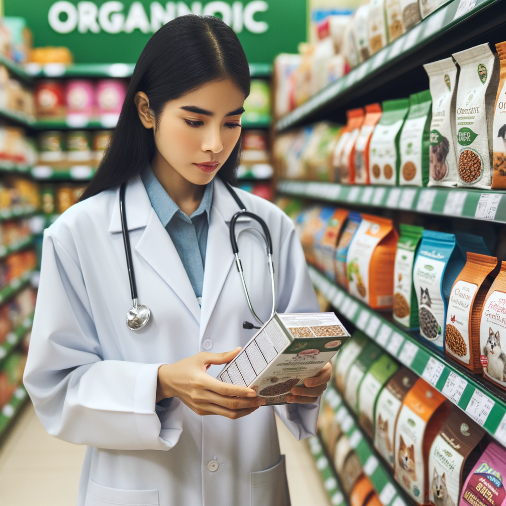 Veterinarian analyzing organic and natural pet food labels in supermarket, demonstrating informed choices in pet nutrition and benefits of organic pet foods for a healthy pet diet