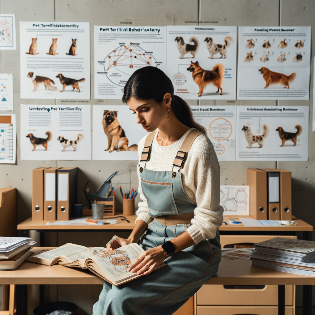 Animal behaviorist studying pet psychology and territorial behavior in pets, using charts, books, and visual aids to understand and address pet behavior issues, including training territorial pets and dealing with aggressive pet behavior.