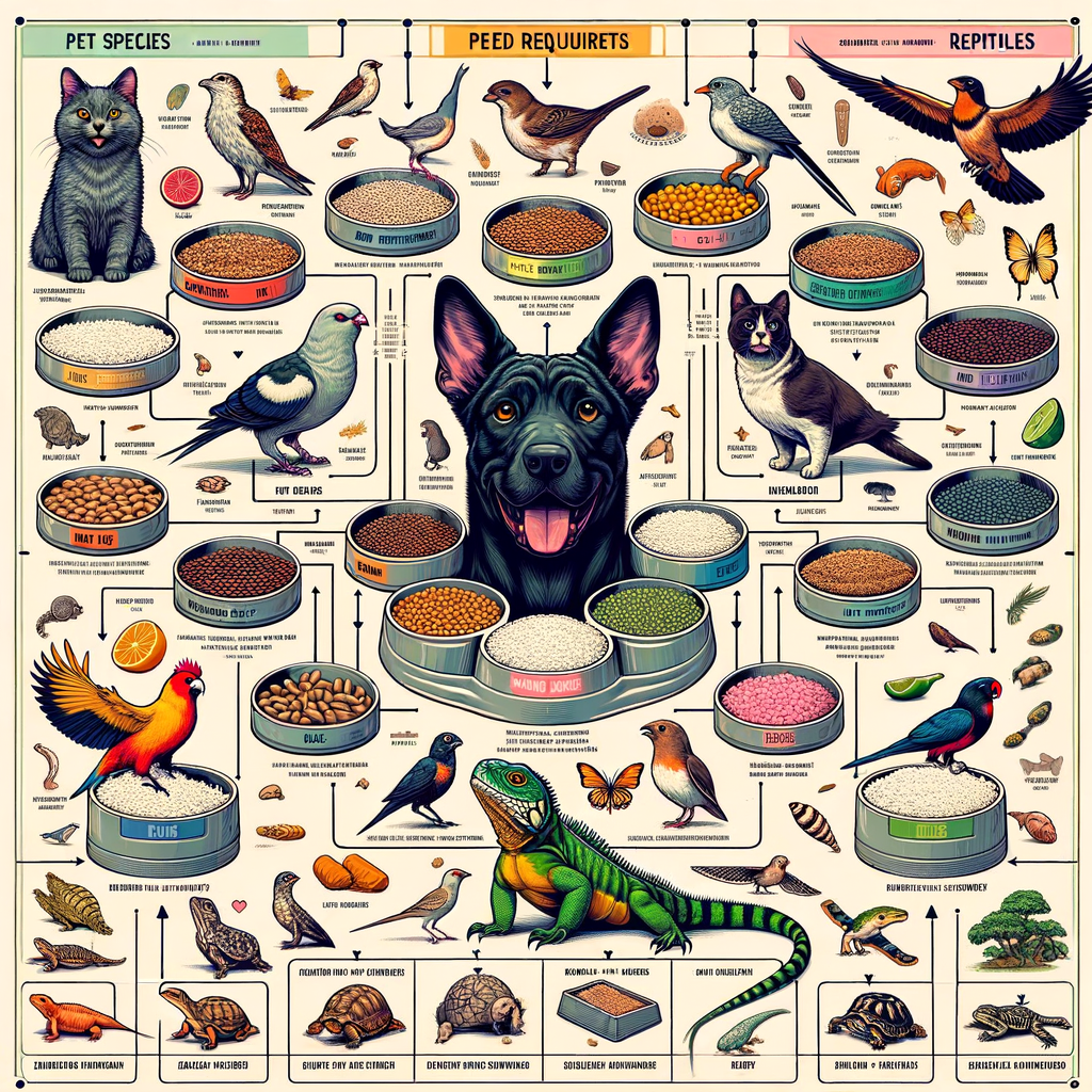 Comprehensive pet nutrition guide illustrating dietary needs of different pet species including cats, dogs, birds, and reptiles, emphasizing the importance of understanding pet diet essentials and specific food requirements.