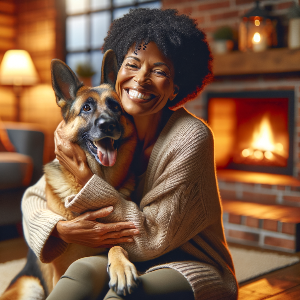 Joyful individual experiencing the emotional benefits and satisfaction of pet adoption, highlighting the emotional rewards and impact of adopting a dog or cat in a cozy home setting.