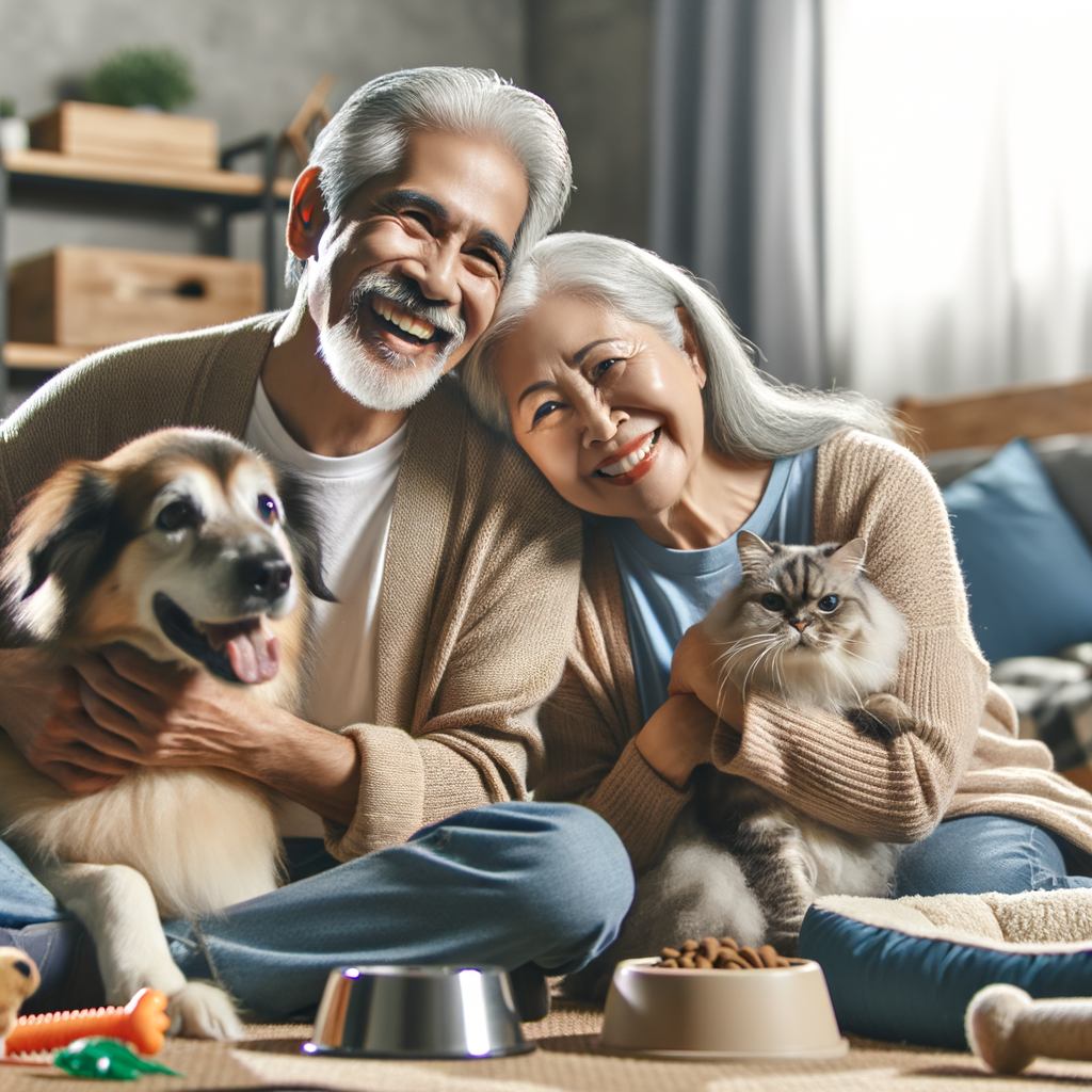 Elderly couple happily cuddling their newly adopted senior dog and cat, illustrating the joy and benefits of senior pet adoption, advantages of adopting older pets, and elements of senior pet care
