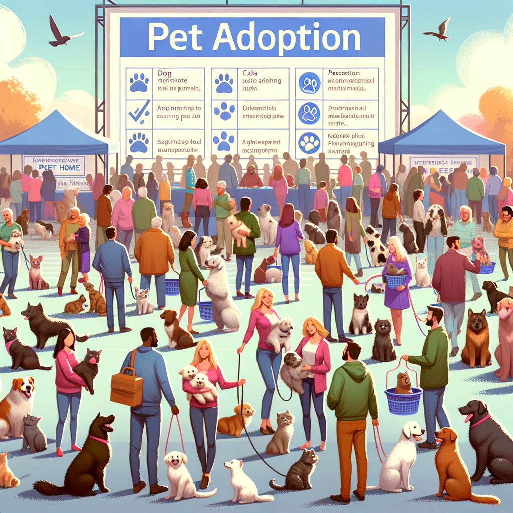 Prospective pet owners joyfully interacting with diverse dogs and cats at a local pet adoption event, with a guide to pet adoption in the background, highlighting the anticipation of finding the perfect pet match.