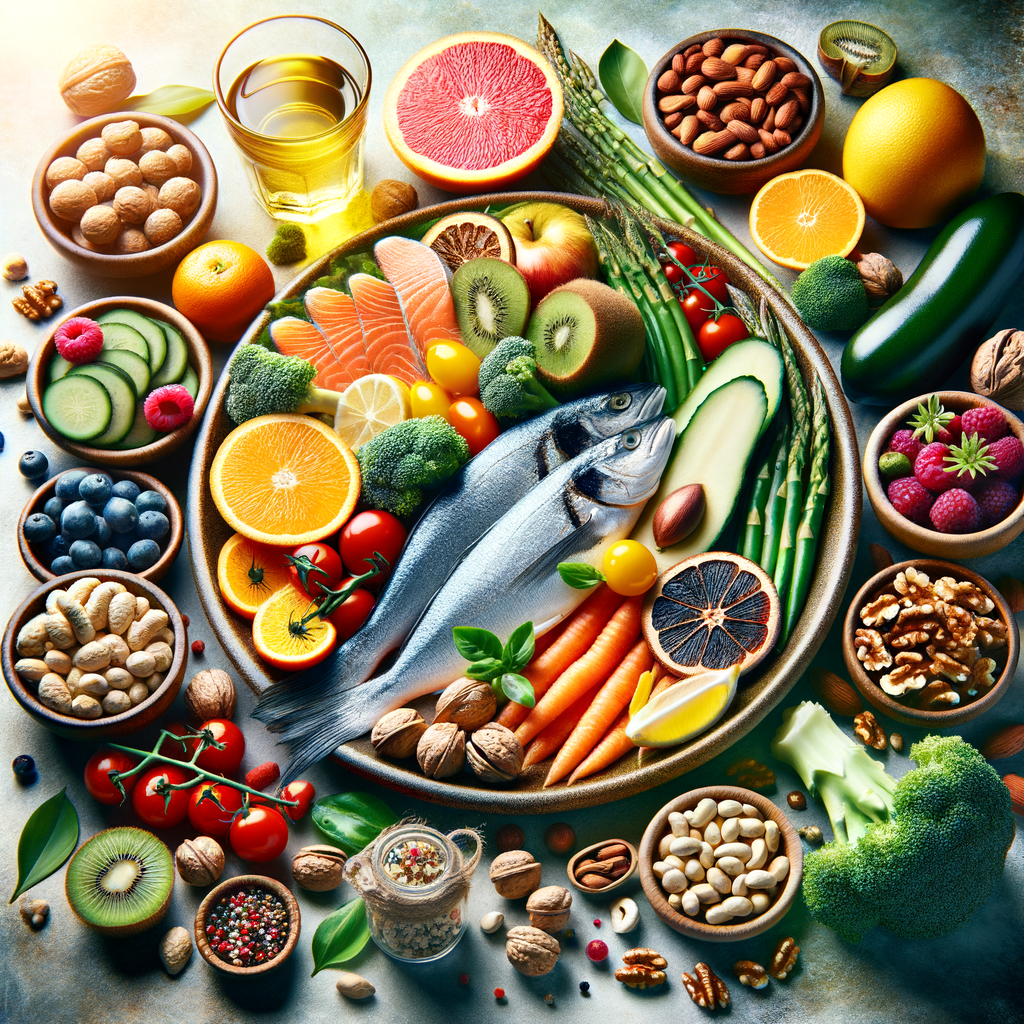 Healthy joint diet plate featuring fish, nuts, fruits, and vegetables, rich in nutrients for mobility, emphasizing the connection between diet and joint health.