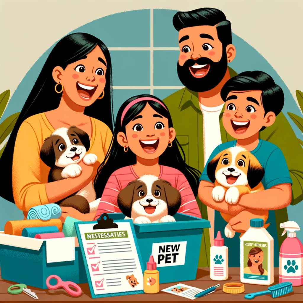 Joyful family welcoming their newly adopted pet into their prepared home, highlighting the joy of pet ownership and showcasing a new pet checklist and first-time pet owners guide, emphasizing the benefits of having a pet.