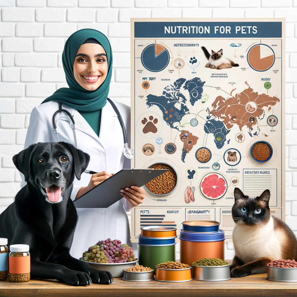 Vet discussing pet nutrition and health, illustrating the importance of a healthy pet diet for longevity in pets, with a variety of pet food items and a healthy dog and cat symbolizing the benefits of good nutrition for pets.