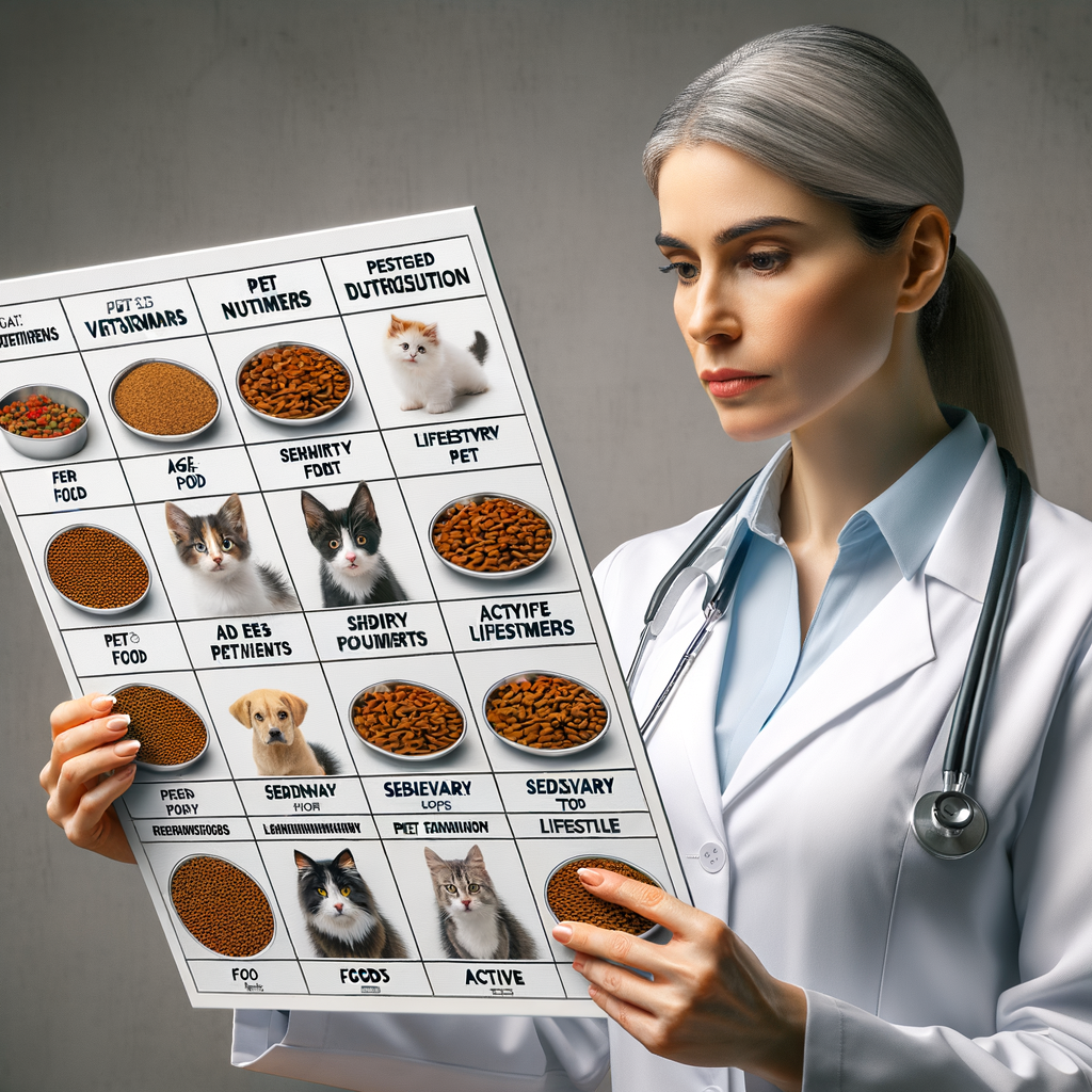 Veterinarian analyzing age-specific and lifestyle-based pet food labels, highlighting the importance of catering to unique pet dietary needs for optimal pet nutrition
