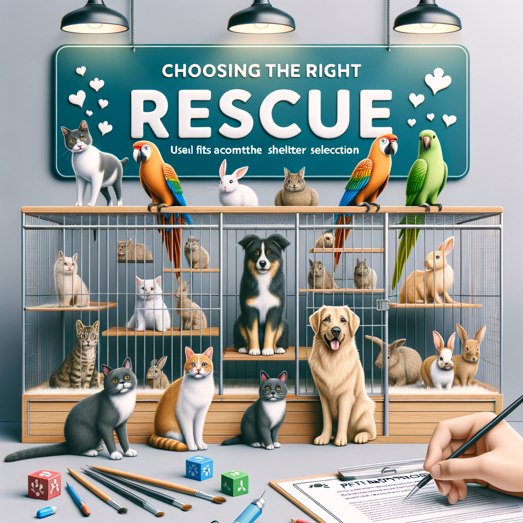 Diverse group of pets in a clean adoption shelter with signboard offering Adoption Shelter Tips, Choosing the Right Rescue, and Pet Adoption Guide for an article on Animal Adoption Advice and Selecting the Right Shelter for Adoption.