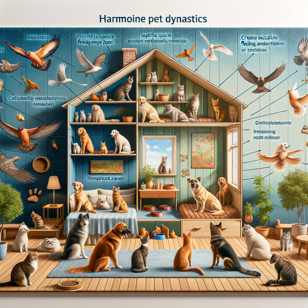 Harmonious multi-pet home showcasing dogs, cats, and birds interacting peacefully, demonstrating healthy pet relationships and effective multi-pet home management strategies for fostering healthy pet interactions.