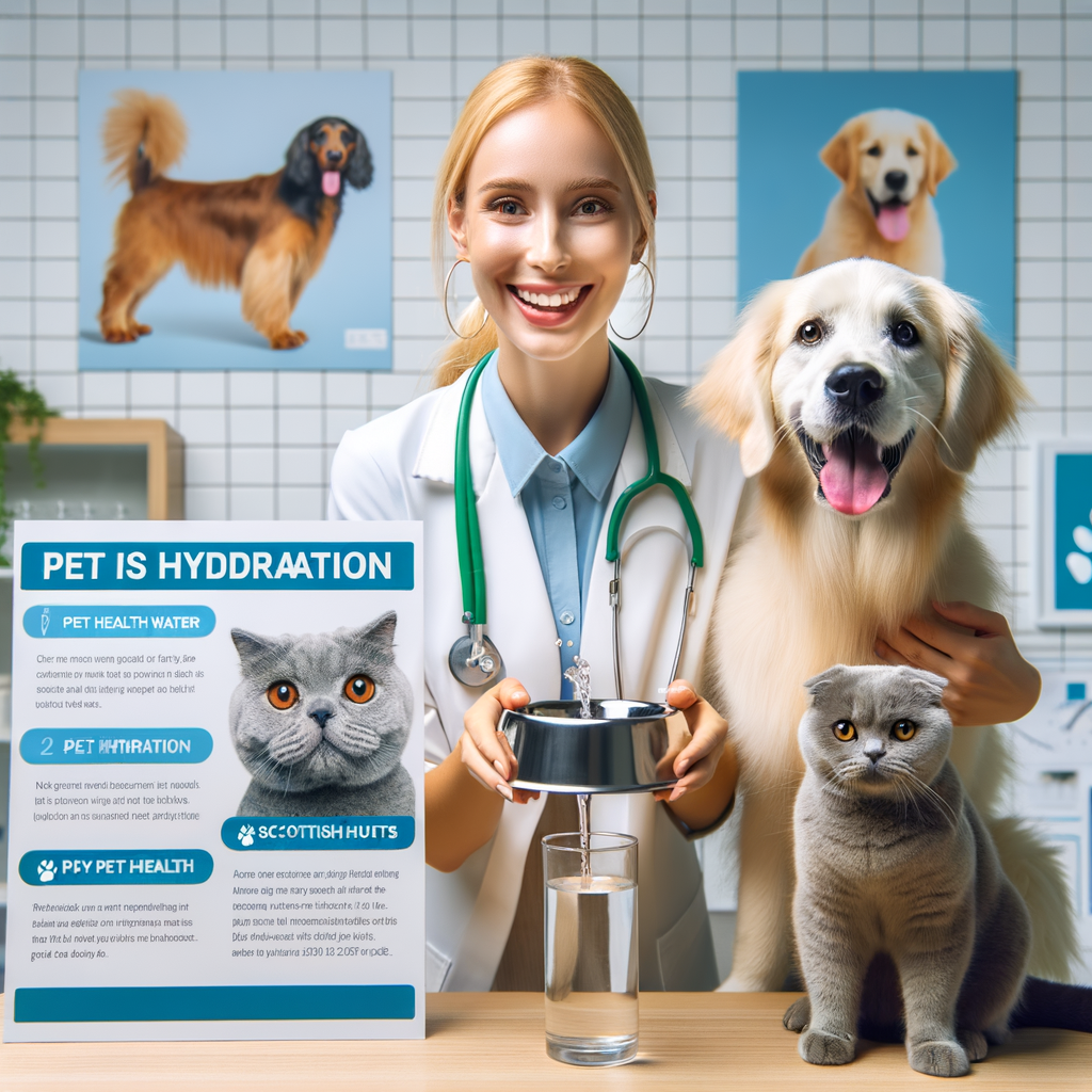 Veterinarian emphasizing pet hydration importance, offering water to a dog and cat, with an infographic on pet health tips and benefits of maintaining hydration for pets' health.