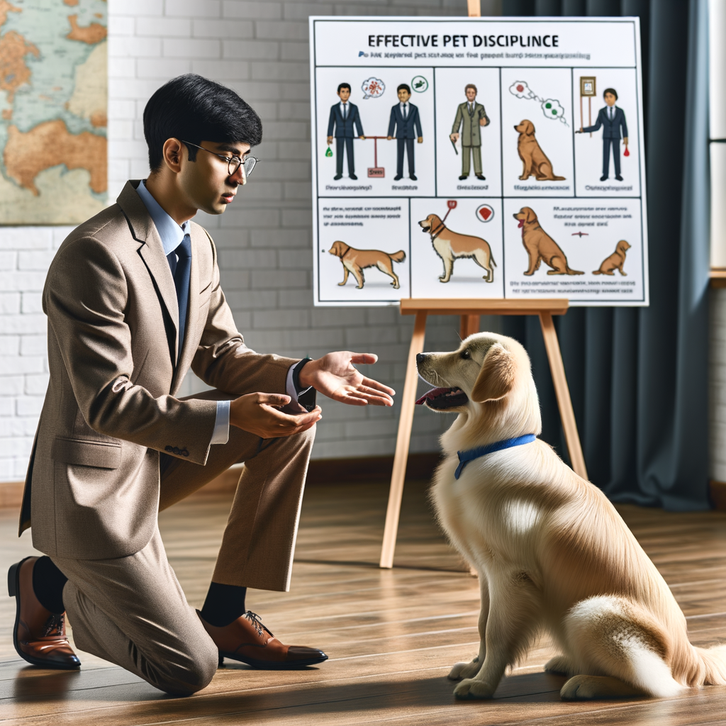 Professional pet trainer teaching pet boundaries and effective discipline methods to a dog, with a chart illustrating pet behavior rules and guidelines for setting boundaries in the background.