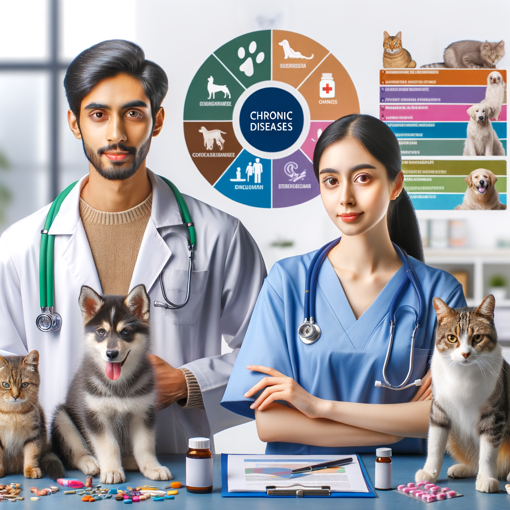 Veterinarian in clinic demonstrating pet chronic conditions management strategies, supporting pets with chronic diseases using various tools, and illustrating long-term pet health management on a chart.