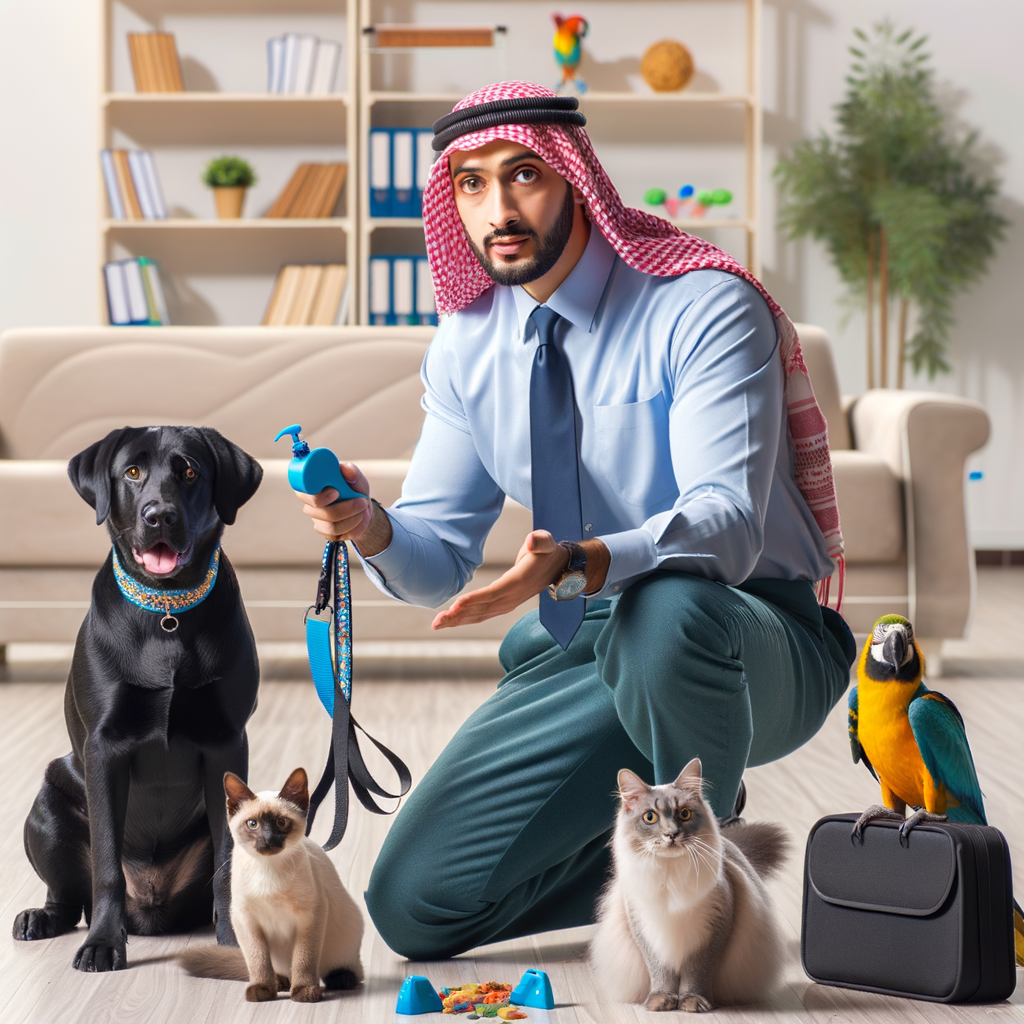 Professional dog trainer demonstrating essential pet training tips and teaching basic commands for pets including dogs, cats, and birds, focusing on pet obedience training.