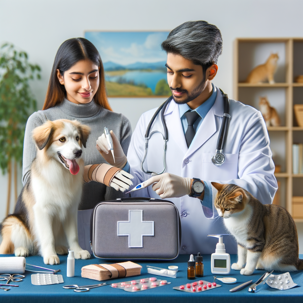 Veterinary doctor demonstrating Pet First Aid Kit usage on a dog and cat, highlighting Pet Emergency Care, Pet Health Tips, and Pet Safety Tips for Pet Care Essentials and Emergency Pet Care, promoting Pet First Aid Training from the Pet Owner Guide.