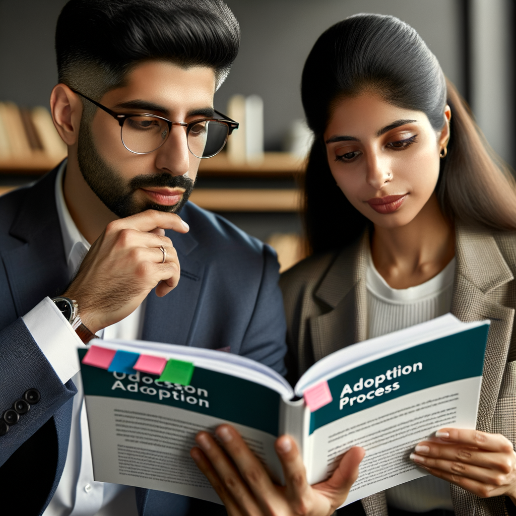Professional couple studying an Adoption Process Guide, focusing on Successful Adoption Tips, Understanding Adoption, and other key steps for a successful adoption journey