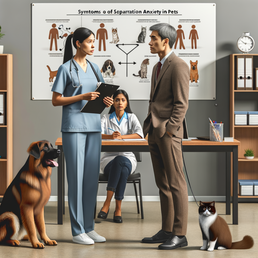Veterinarian discussing separation anxiety in pets, understanding pet behavior, and managing pet anxiety with a pet owner in a clinic, with a whiteboard illustrating pet mental health and a table of pet anxiety solutions for treating anxiety in dogs and cats.