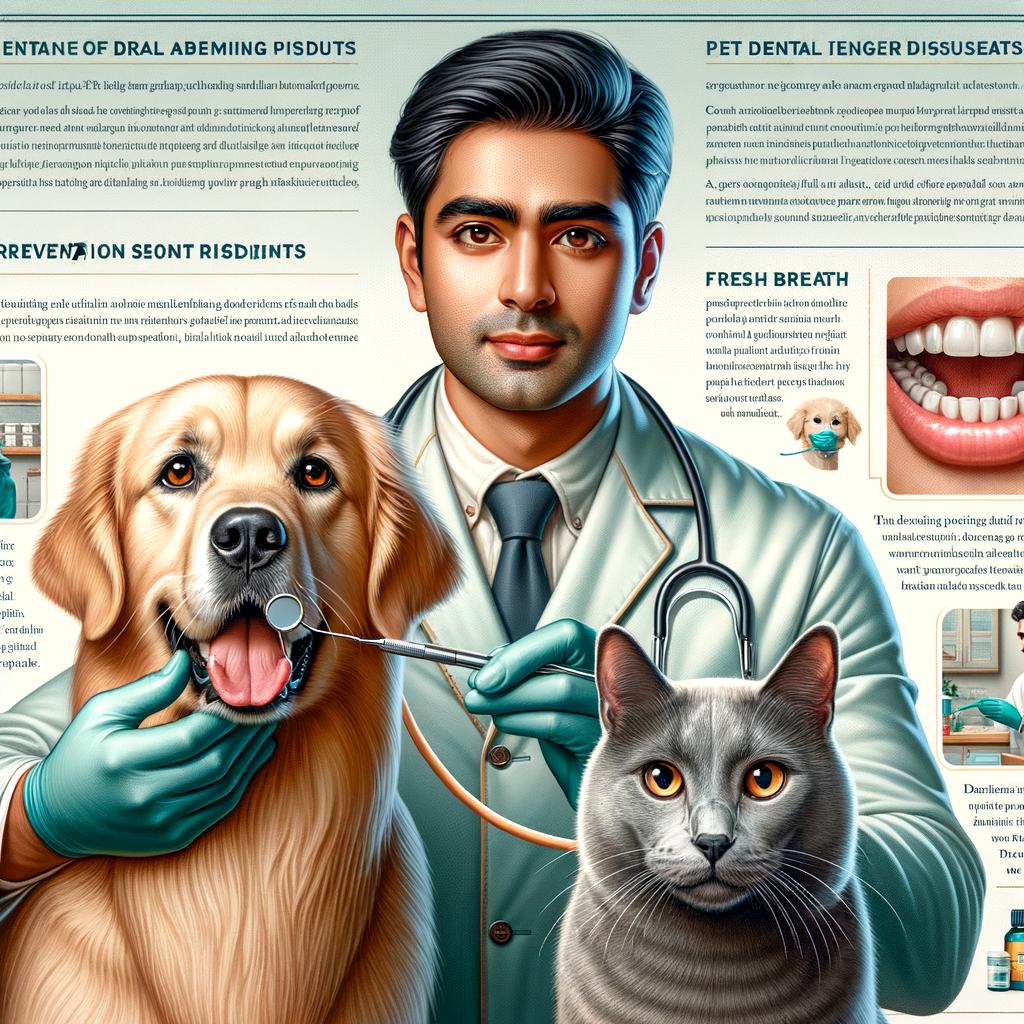 Veterinarian demonstrating pet dental health practices with dog and cat, providing tips for maintaining pet oral hygiene, ensuring fresh breath and healthy teeth in pets, and preventing pet dental diseases using pet dental hygiene products.