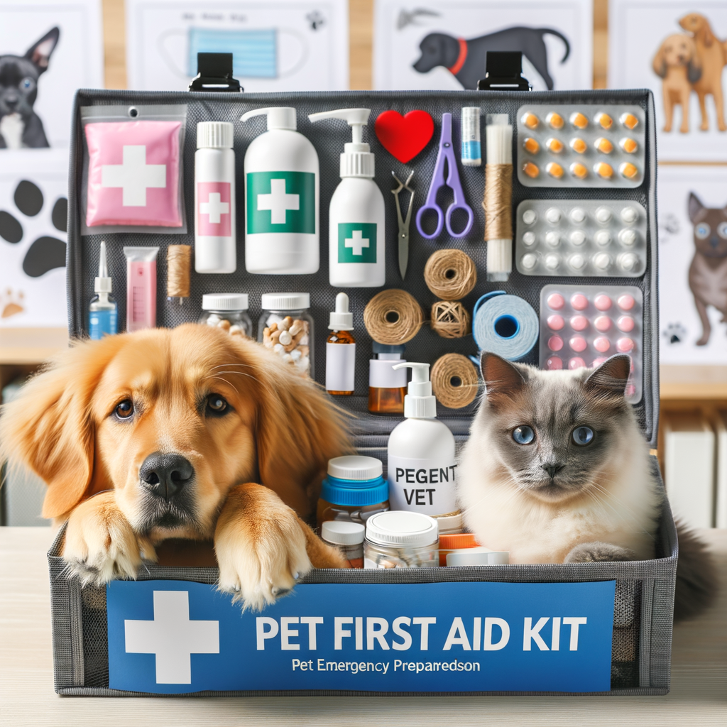DIY Pet First Aid Kit filled with essential items for pet first aid, emphasizing on pet emergency preparedness for dogs and cats, highlighting the importance of pet health emergencies and a pet safety kit.