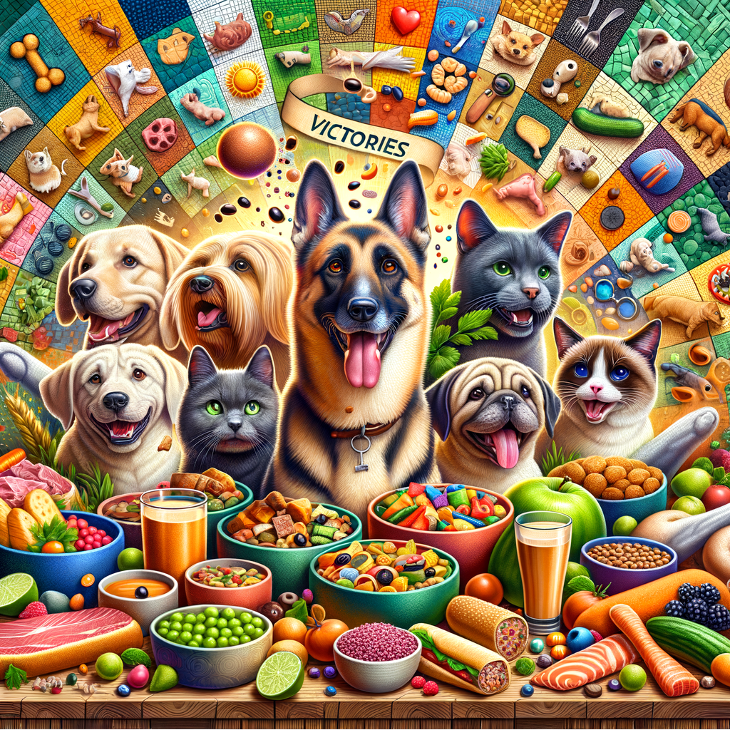 Happy dogs and cats enjoying a variety of nutritious pet foods, illustrating pet nutrition success stories and the benefits of healthy eating habits for pets.