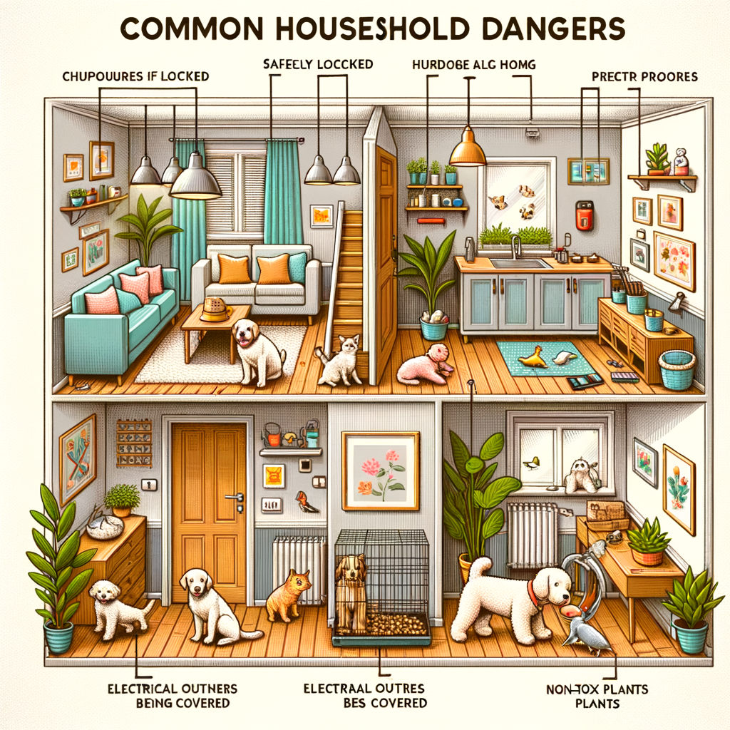 Infographic illustrating pet safety tips and pet-proofing methods to protect pets from household hazards, including securing cabinets, covering outlets, and removing toxic plants for a pet-friendly home.