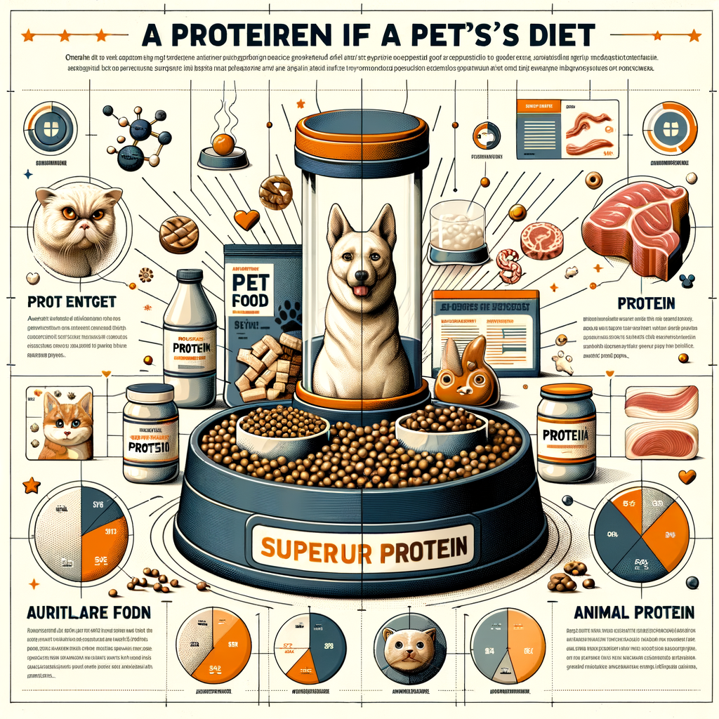 Infographic illustrating the importance of protein in a pet's diet, showcasing quality protein sources like animal protein, highlighting dietary requirements, nutritional needs, and high-protein pet food for a balanced pet diet.