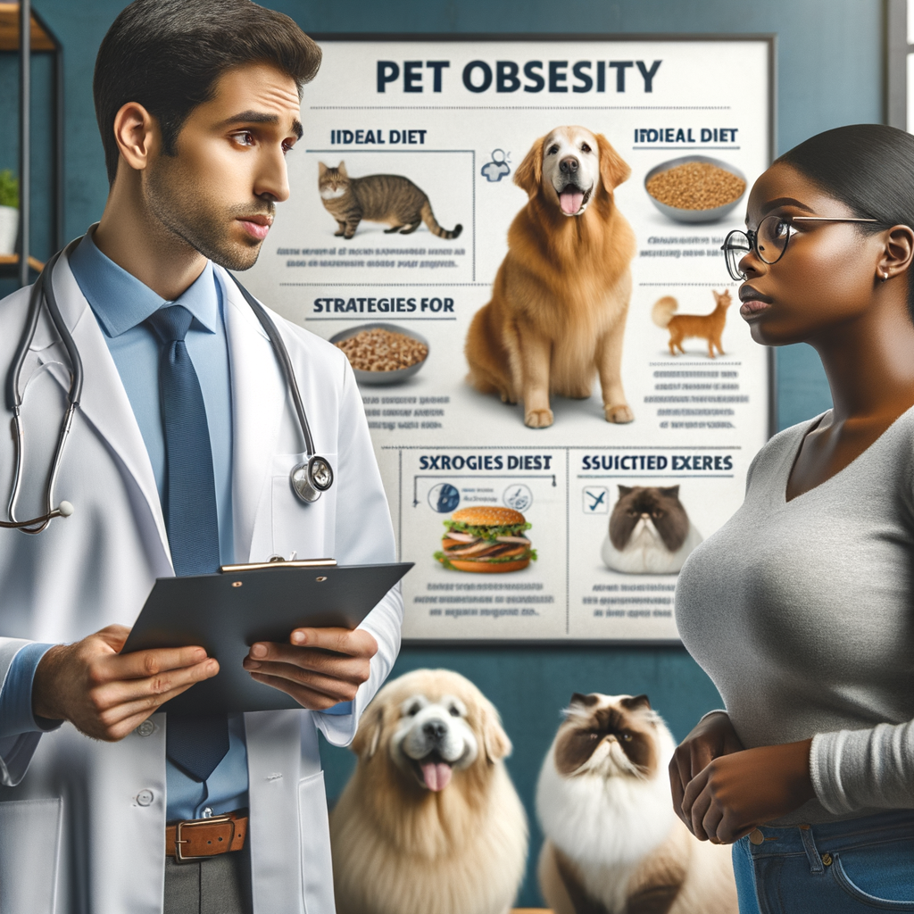Veterinarian discussing pet obesity risks and prevention tips, highlighting pet weight management, healthy pet diet, and exercise for obese pets, with overweight dog and cat in the background.