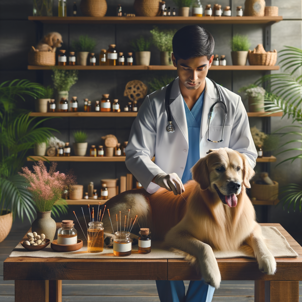 Veterinarian practicing holistic pet care and alternative pet therapies on a dog, demonstrating holistic animal health, pet wellness, and natural remedies for pets in a serene setting.