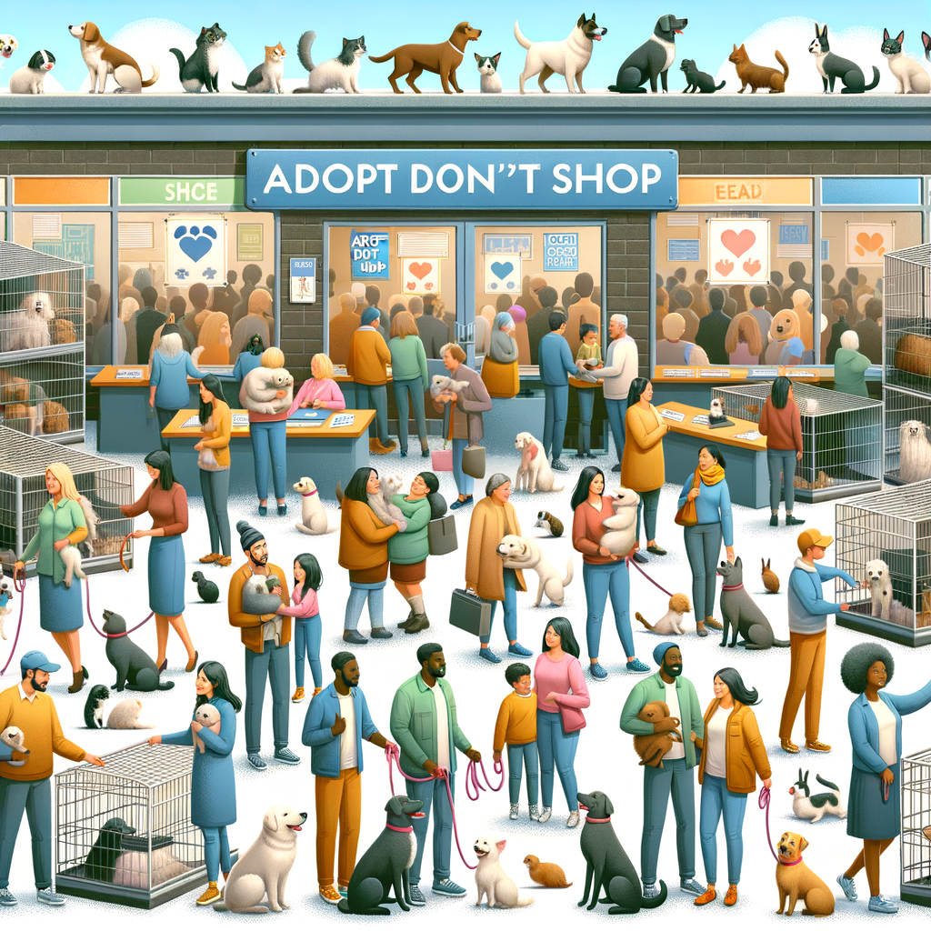 Diverse group of joyful families during the pet adoption process at an animal shelter, promoting 'Adopt Don't Shop' and showcasing the benefits of adopting a rescue pet, symbolizing a second chance for pets.
