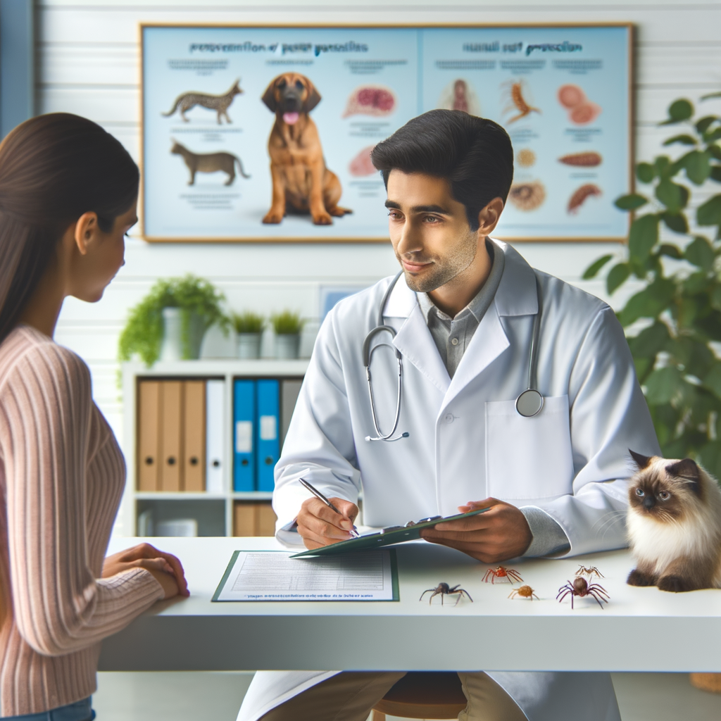 Veterinarian demonstrating pet parasite prevention methods and discussing parasitic infections in pets, providing pet protection tips and pet health materials in a clinic, with a healthy dog and cat in the background.