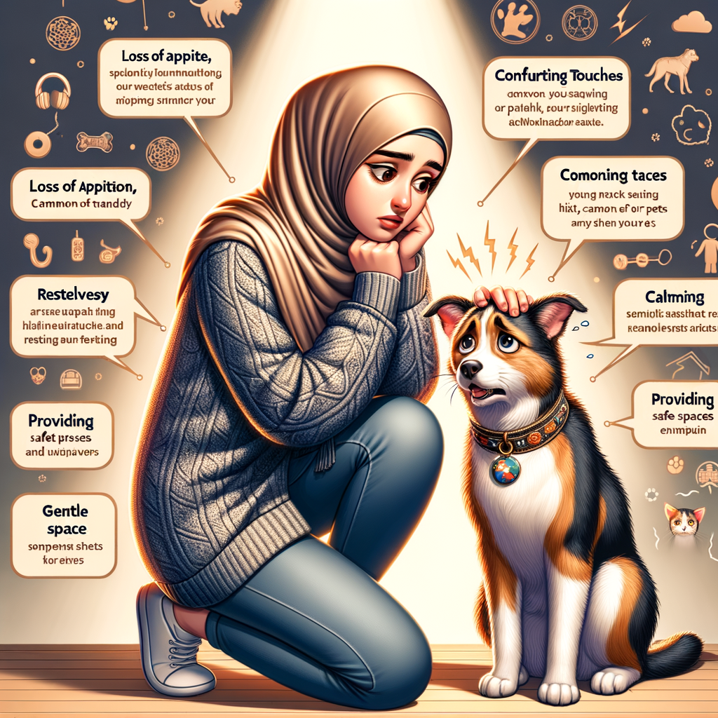 Pet owner identifying stress signs in her dog and cat, with a guide on pet stress management, relief, and treatment methods in the background