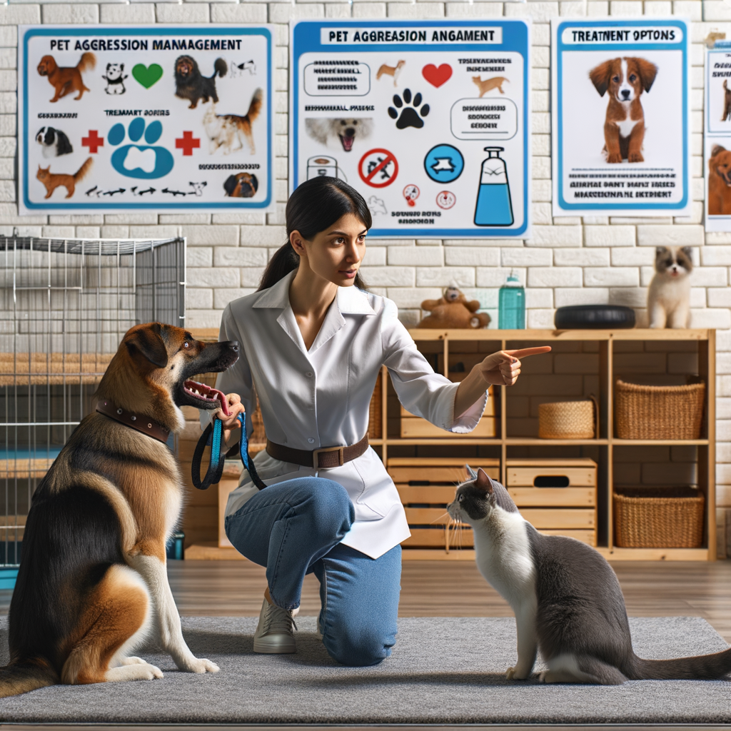 Pet behaviorist demonstrating strategies for resolving pet aggression, including training aggressive dogs and cats, understanding their behavior, and reducing aggression, highlighting pet aggression solutions and behavior management.