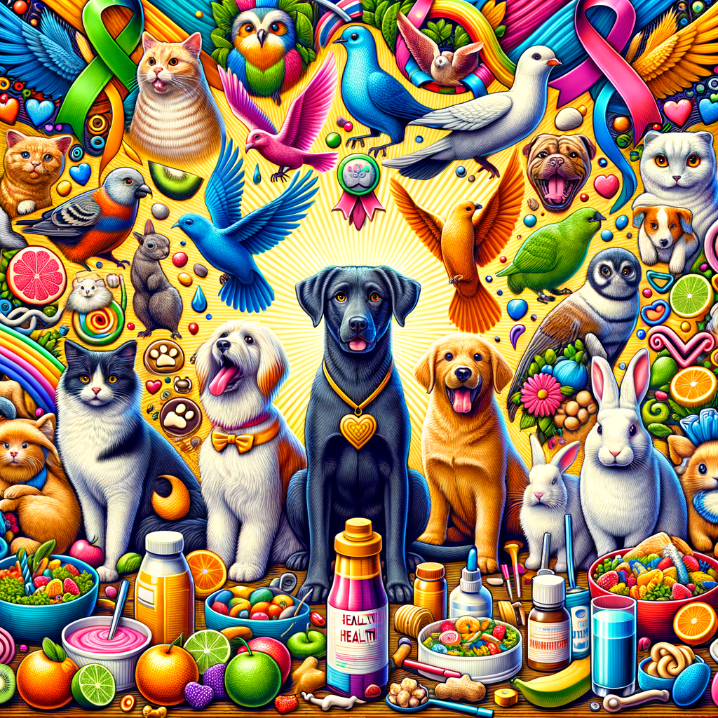 Celebrating pet health with a vibrant image of dogs, cats, birds, and rabbits practicing healthy habits for pets, showcasing pet wellness success stories and tips, and symbolizing successful pet wellness routines with ribbons and trophies.