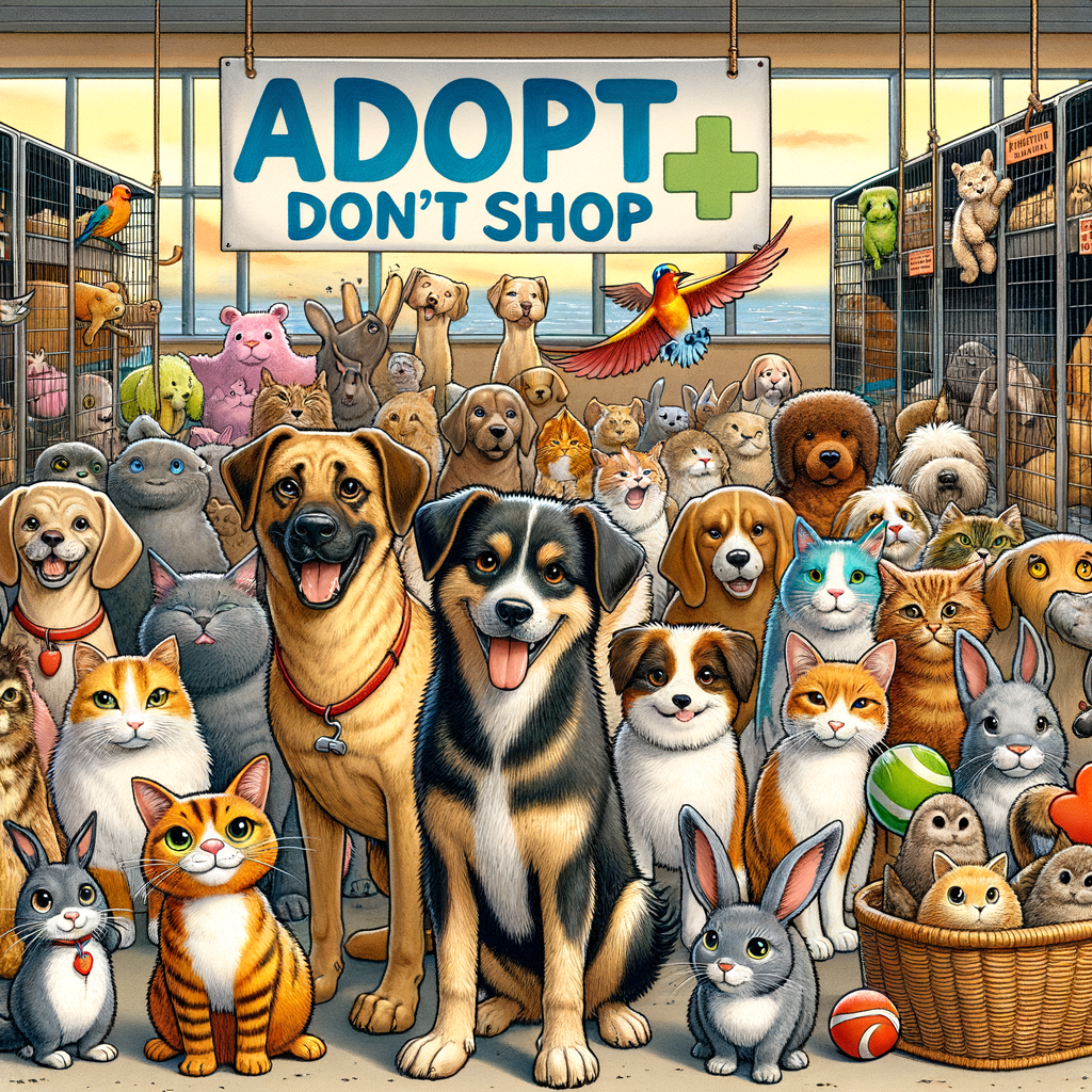 Rescue pets at an animal shelter eagerly awaiting adoption, promoting the benefits of pet adoption, importance of finding forever homes, and the 'Adopt, Don't Shop' message.