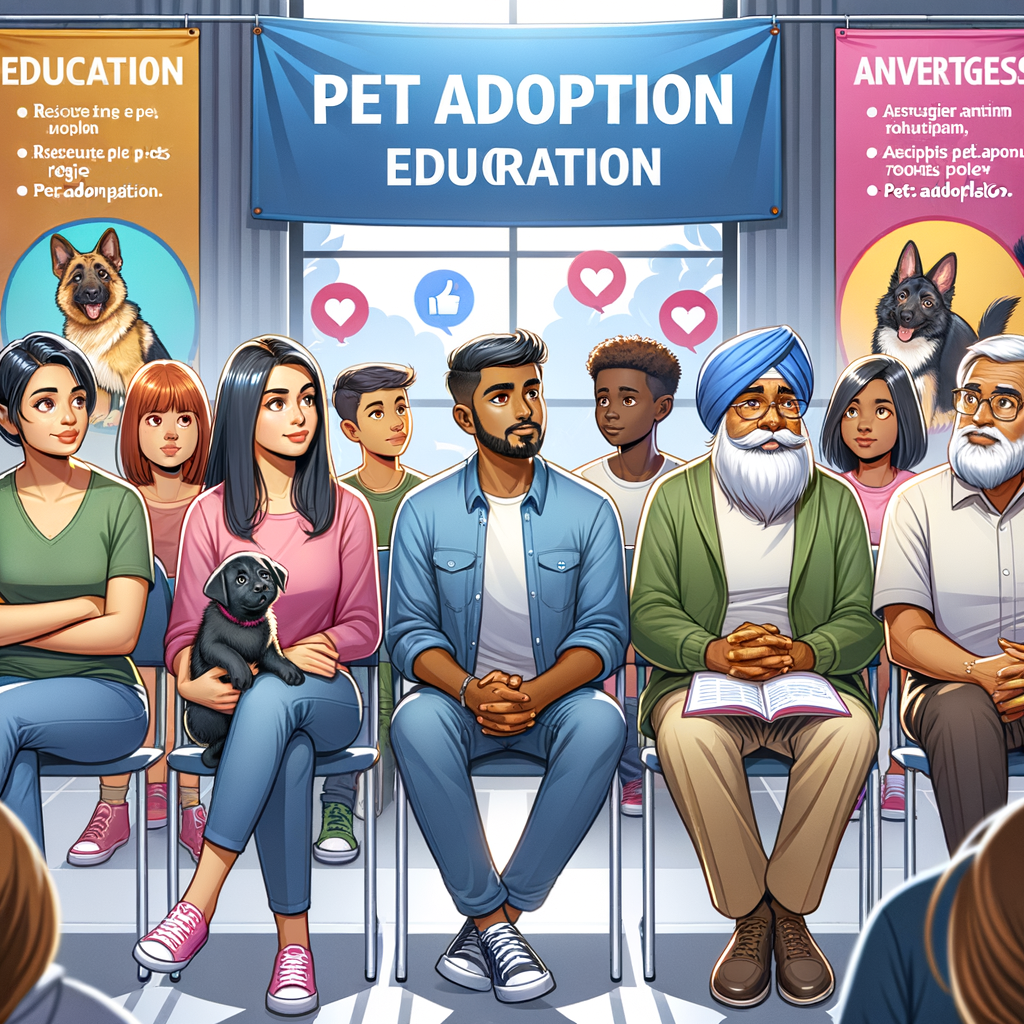 Diverse group engaging in a pet adoption education seminar, promoting responsible pet adoption awareness, understanding the pet adoption process, and highlighting the importance of pet education and benefits of adopting from animal shelters.