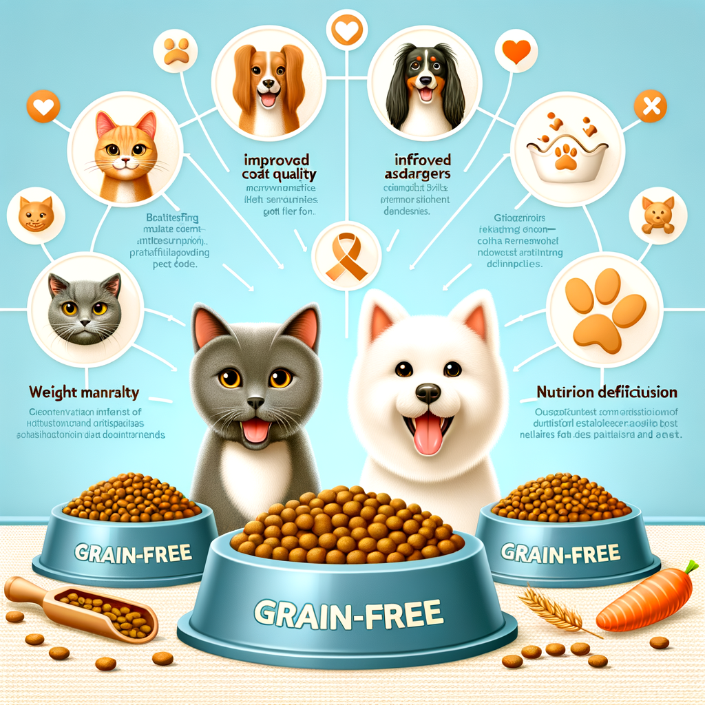 Dogs and cats enjoying grain-free pet food, illustrating the benefits and drawbacks of grain-free diets for pets, and the impact on pet health and nutrition.