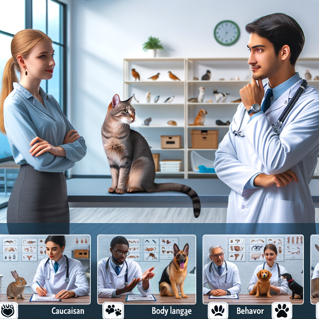 Veterinarian demonstrating pet body language signs and decoding cues from diverse animals, emphasizing the importance of understanding and interpreting pet behavior for effective pet communication.