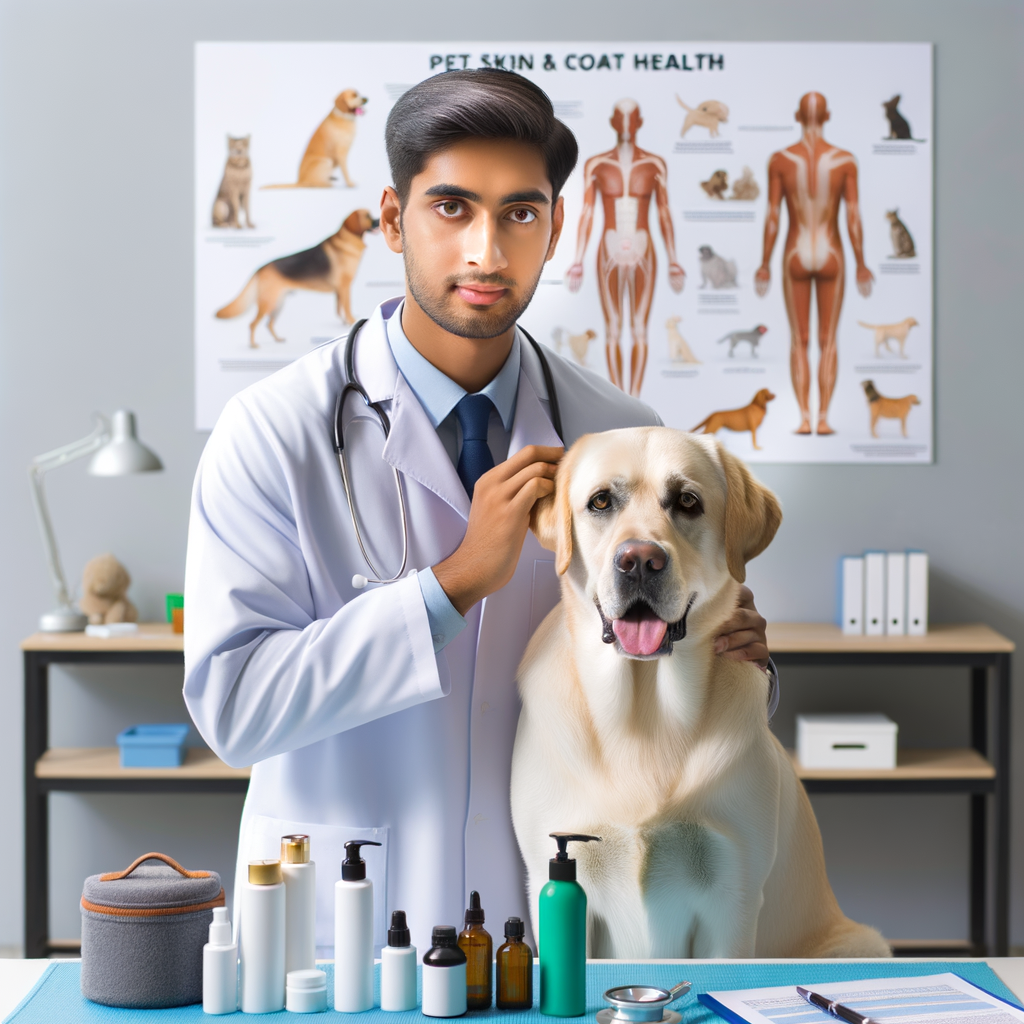 Professional veterinarian examining a dog's shiny coat and healthy skin in a pet health clinic, showcasing various pet skin and coat care products for managing pet skin health and pet coat health.
