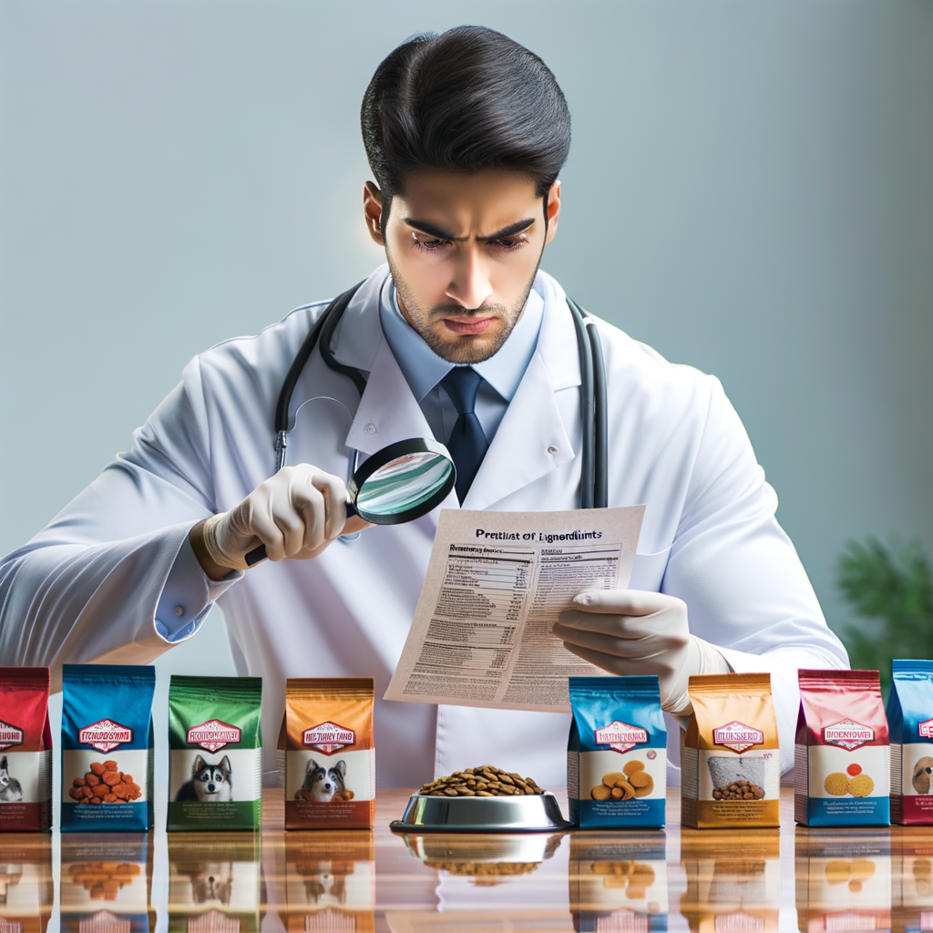 Veterinarian examining pet food ingredients with magnifying glass, decoding pet food nutrition for understanding pet food labels, guiding towards choosing healthy pet food and avoiding harmful ingredients.