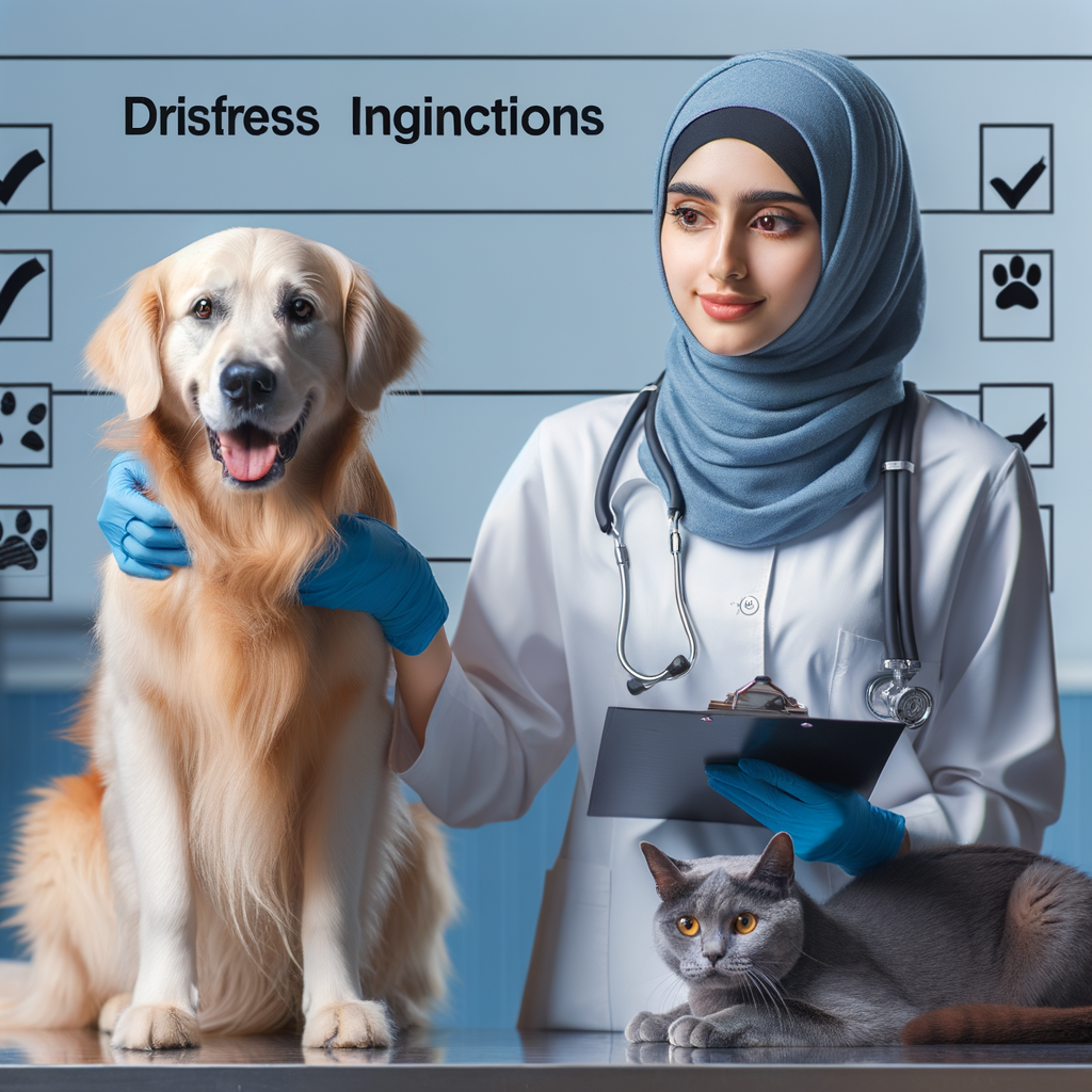 Veterinarian examining dog and cat for pet stress symptoms and recognizing pet anxiety in a clinic, with a checklist highlighting pet mental health, stress in dogs and cats, and strategies for addressing pet stress and pet stress management.